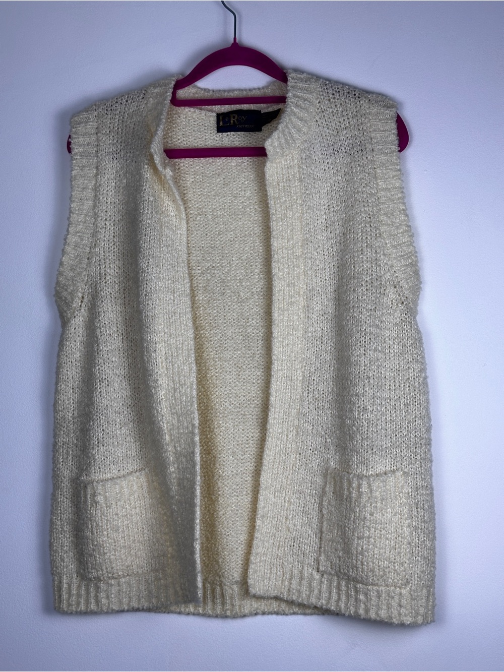Vintage 70s LeRoy Knitwear Cream Nubby Knit Open Front Sweater Vest M Pockets